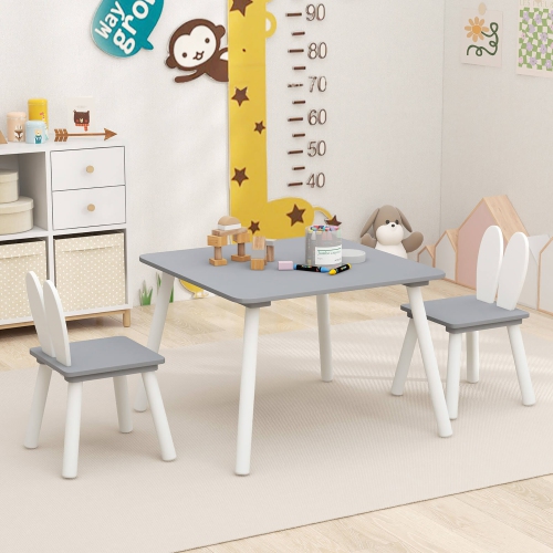 Gymax 3 Pieces Kids Table & Chairs Set Children Wooden Furniture Set w/ Solid Wood Legs Gray