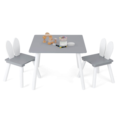Gymax 3 Pieces Kids Table & Chairs Set Children Wooden Furniture Set w/ Solid Wood Legs Gray