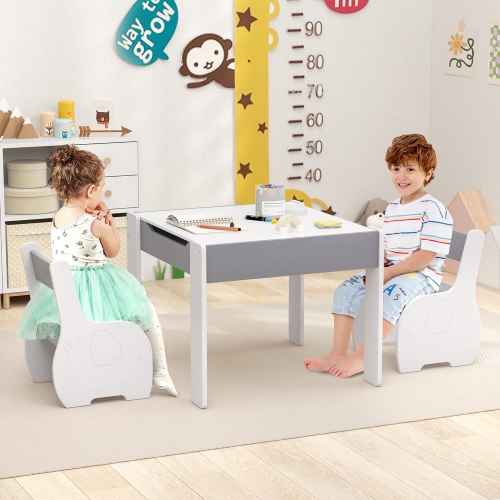 Gymax 4-in-1 Kids Wooden Table & 2 Chairs Set w/ Storage Detachable Blackboard Drawing