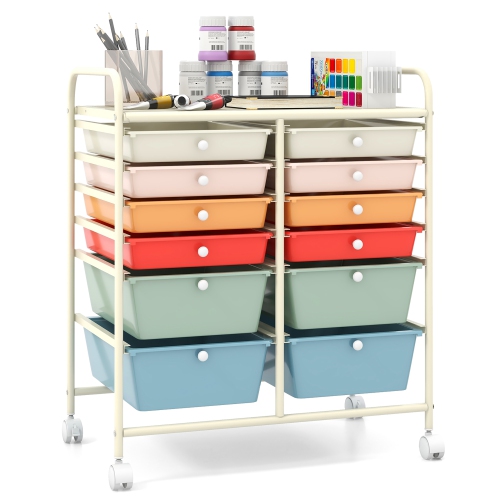 GYMAX  Office Rolling Cart 12 Storage Drawer Studio Organizer Bins Scrapbook Paper Macaron