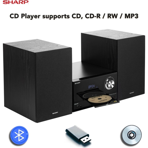 Sharp Micro Component 200W Max Power Wireless Bluetooth Audio Streaming & MP3/CD Player Speaker System - Black Oak