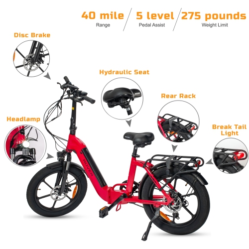 Rover By Land Rover 500-Watt Folding E-Bike with Pedal Assist-Red