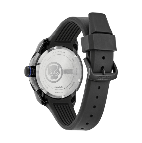 Marvel Mens Black Panther Japanese Eco-Drive Watch 47mm Black Stainless Steel Case Silicone Strap with Black Dial