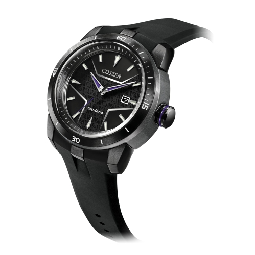 Marvel Mens Black Panther Japanese Eco-Drive Watch 47mm Black Stainless Steel Case Silicone Strap with Black Dial