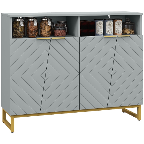 HOMCOM  Buffet Cabinet, Accent Storage Cabinet, Kitchen Sideboard With 4 Doors, Adjustable Interior Shelves, Metal Base In Grey