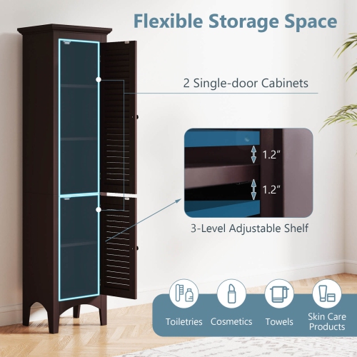 Costway Tall Bathroom Floor Cabinet Narrow Linen Tower with 2 Doors & Adjustable Shelf