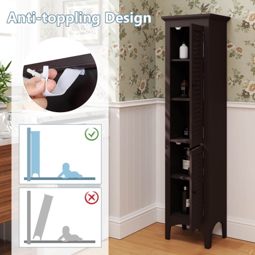 Costway Tall Bathroom Floor Cabinet Narrow Linen Tower with 2 Doors & Adjustable Shelf