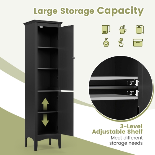 Costway Tall Bathroom Floor Cabinet Narrow Linen Tower with 2 Doors & Adjustable Shelf