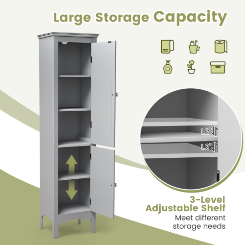 Costway Tall Bathroom Floor Cabinet Narrow Linen Tower with 2 Doors & Adjustable Shelf