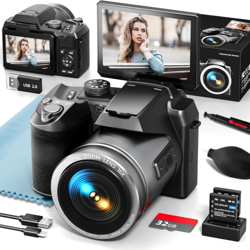 64MP 5K Digital Camera for Photography, Vlogging Cameras for YouTube with 3'' Flip Screen,16X Digital Zoom, with WiFi & App Control, Flash,SD Card, 2