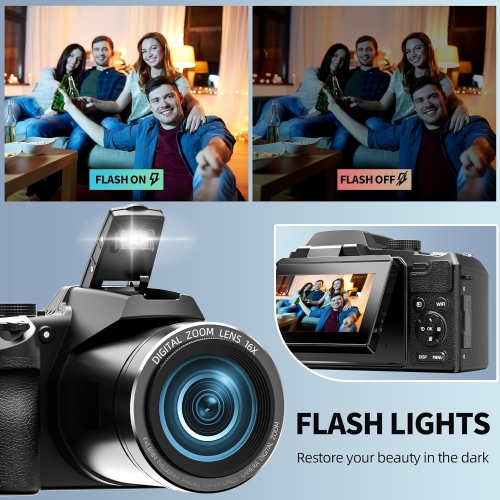 64MP 5K Digital Camera for Photography, Vlogging Cameras for YouTube with 3'' Flip Screen,16X Digital Zoom, with WiFi & App Control, Flash,SD Card, 2