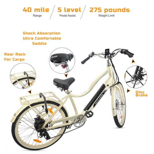 Vélo électrique Cruiser de 500 W Rover by Land Rover avec assistance à pédale et accélérateur-Crème