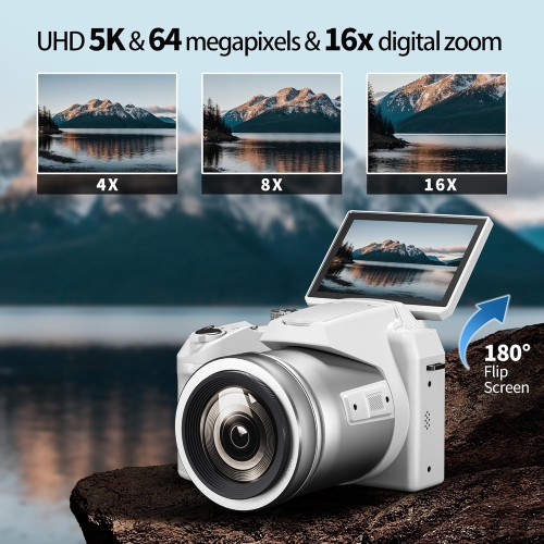 64MP Digital Camera for Photography and Video, 5K Vlogging Camera for YouTube with 3’’ Flip Screen,16X Digital Zoom, WIFI& Autofocus,2 Batteries,