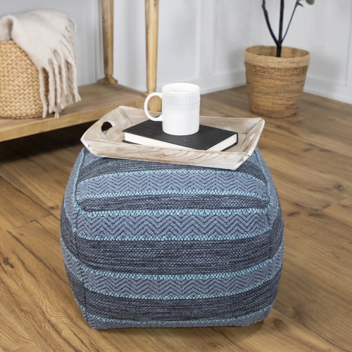 Striped Woven Cotton Square Pouf - 14" - Gray