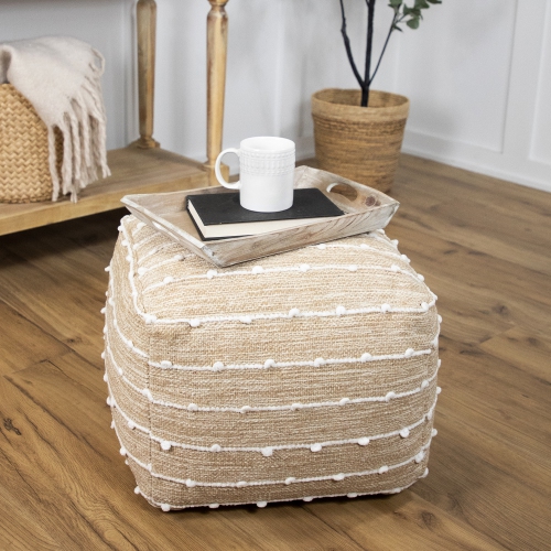 Woven Cotton Textured Stripe Square Pouf - 14" - Beige