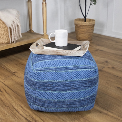 Striped Woven Cotton Square Pouf - 14" - Blue
