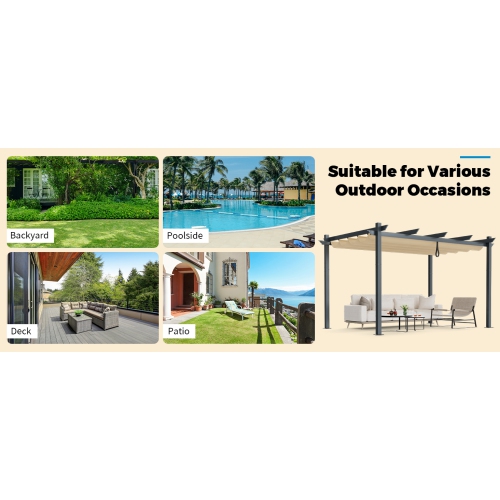 Costway 10x13 Ft Pergola, Heavy-Duty Aluminum Outdoor Pergola with Retractable Sun Shade Canopy Beige
