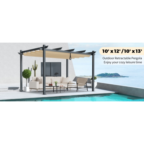 Costway 10x13 Ft Pergola, Heavy-Duty Aluminum Outdoor Pergola with Retractable Sun Shade Canopy Beige