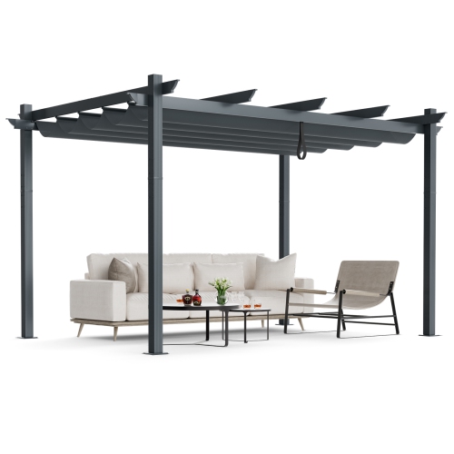 Pergola d'extérieur en aluminium robuste de 10 x 13 pi avec auvent rétractable gris pour pare-soleil