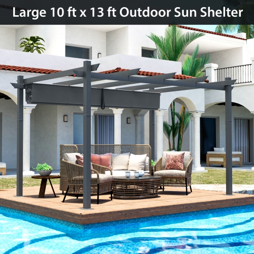 10x13 Ft Pergola, Heavy-Duty Aluminum Outdoor Pergola with Retractable Sun Shade Canopy Grey