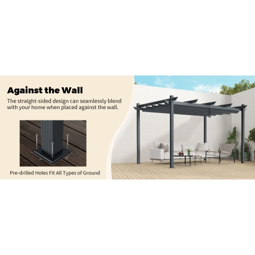 10x13 Ft Pergola, Heavy-Duty Aluminum Outdoor Pergola with Retractable Sun Shade Canopy Grey