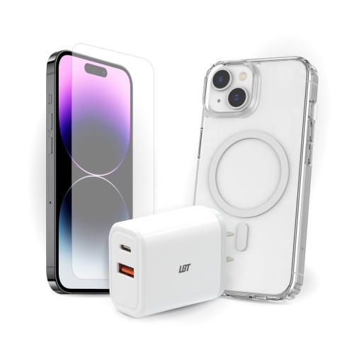 Ensemble LBT : Étui transparent Mag de TUFF8, verre trempé, chargeur 30&nbsp;W PD pour iPhone 15