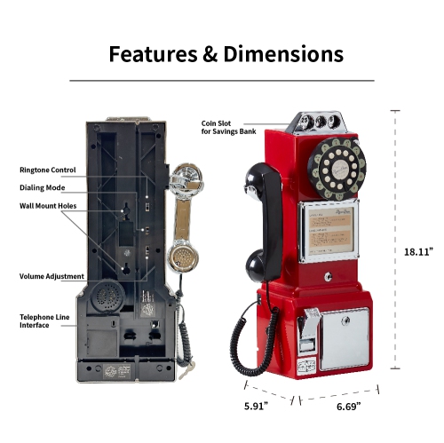Ryan Bros. Retro 1950's Payphone with Coin Bank