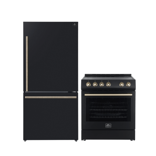 Image 1 de 9.. Ensemble de cuisine Forno : Congélateur inférieur Milano Espresso de 31 po et cuisinière électrique encastrable de 30 po Leonardo Espresso
