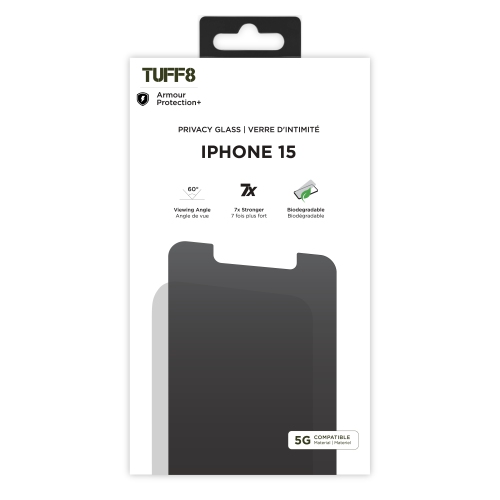 TUFF8 Privacy Tempered Glass /w Installing Tray for iPhone 15