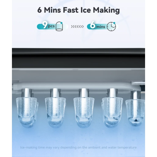 Machine à glaçons portative ECozy - 9pcs glaçons en 6 minutes, sortie quotidienne 26 lb, autonettoyage avec sacs à glaçons, cuillère et panier -