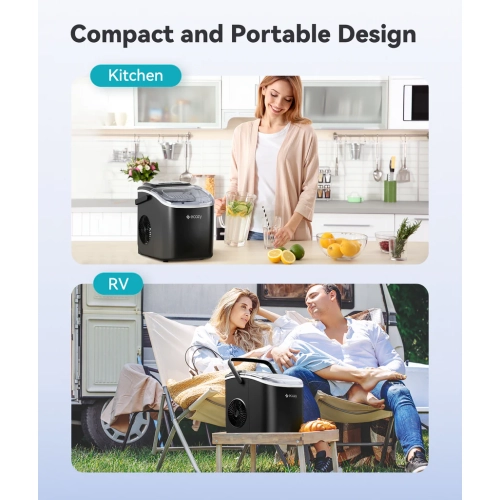 Machine à glaçons portative ECozy - 9pcs glaçons en 6 minutes, sortie quotidienne 26 lb, autonettoyage avec sacs à glaçons, cuillère et panier -