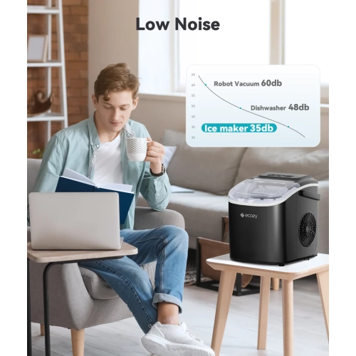 Machine à glaçons portative ECozy - 9pcs glaçons en 6 minutes, sortie quotidienne 26 lb, autonettoyage avec sacs à glaçons, cuillère et panier -