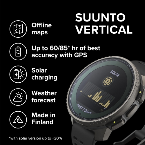 SUUNTO Vertical: Adventure GPS Solar Charging Watch, Large Screen, Offline Maps - Titanium/Black