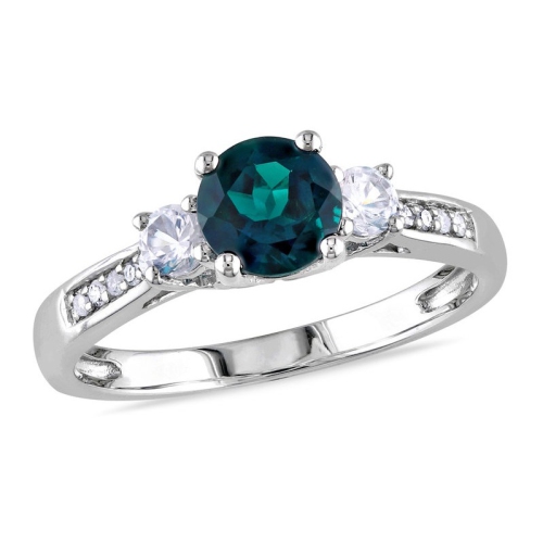 GEM AND HARMONY  1.13 Carat (Ctw) Lab-Created Emerald And Sapphires Three Stone Ring In 10K Gold In White