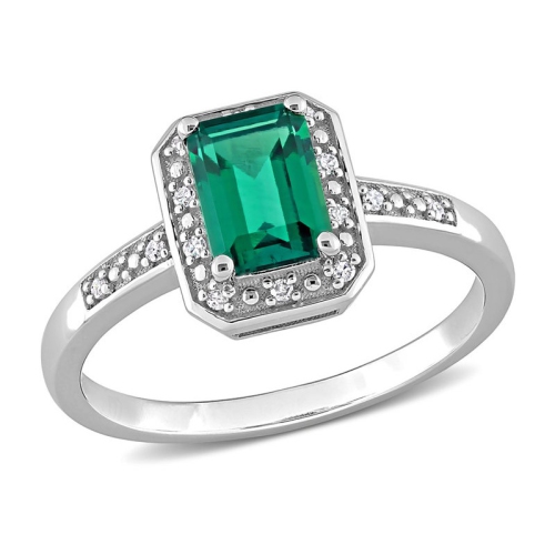 GEM AND HARMONY  7/8 Carat (Ctw) Emerald Ring In 10K Gold With Accent Diamonds In White