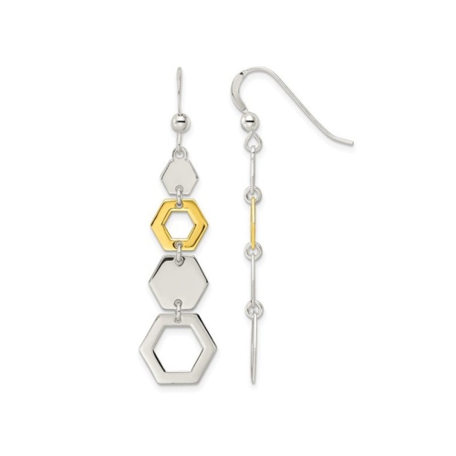 GEM AND HARMONY  Sterling Hexagon Geometric Dangle Earrings In Silver