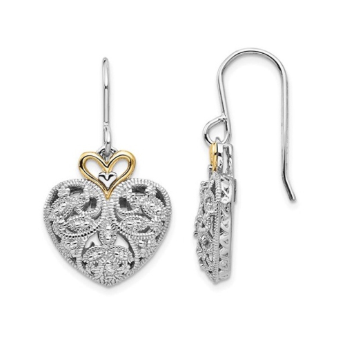 GEM AND HARMONY  Sterling Heart Vintage Dangle Earrings With Accent Diamonds In Silver