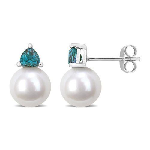 GEM AND HARMONY  8-8.5 MM Cultured Freshwater Pearl Earrings With Lab-Created Alexandrites 10K Gold In White
