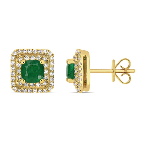 1.00 Carat Emerald and Diamond Halo Square Stud Earrings in 14K Yellow Gold