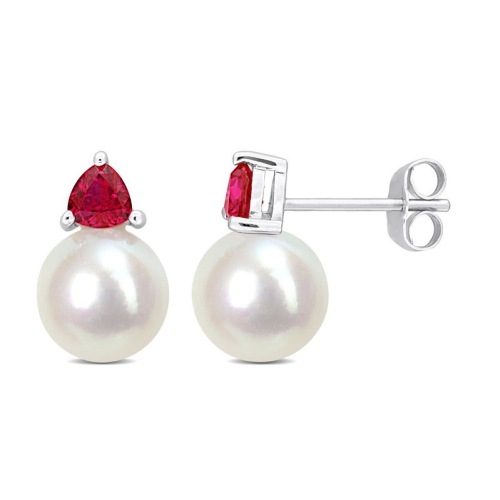 GEM AND HARMONY  8-8.5 MM Cultured Freshwater Pearl Earrings With Lab-Created Rubies10K Gold In White