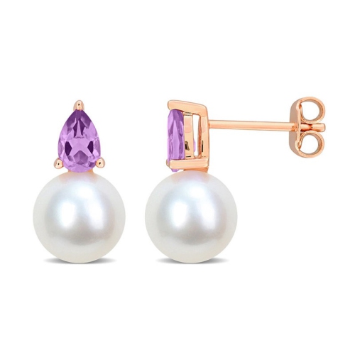 GEM AND HARMONY  8.5-9MM Cultured Freshwater Pearl Earrings With Amethyst Sterling In Silver