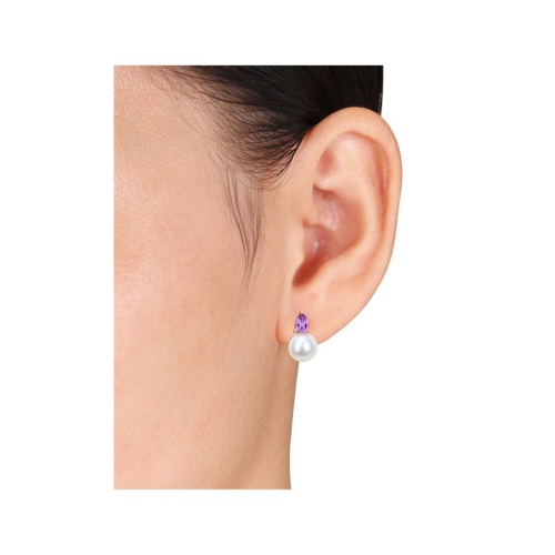 8.5-9mm Cultured Freshwater Pearl Earrings with Amethyst Sterling Silver