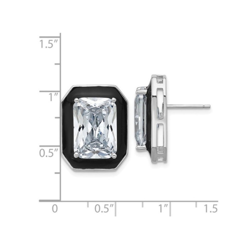 Synthetic Cubic Zirconia Emerald-Cut Earrings in Sterling Silver with Black Enamel