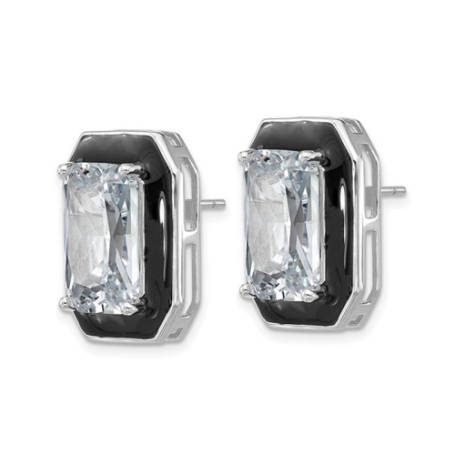 Synthetic Cubic Zirconia Emerald-Cut Earrings in Sterling Silver with Black Enamel