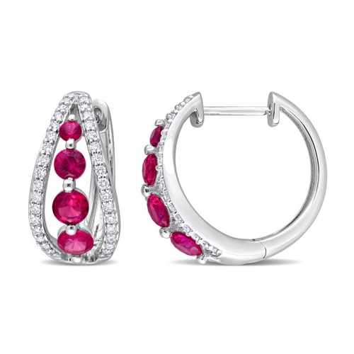GEM AND HARMONY  1.78 Carat (Ctw) Lab-Created Ruby Hoop Earrings In 14K Gold With Lab-Created Diamonds In White