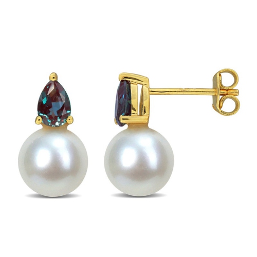 GEM AND HARMONY  8.5-9MM Cultured Freshwater Pearl Earrings With Lab-Created Alexandrite Sterling In Silver