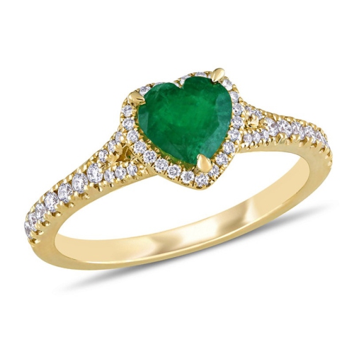 2/3 Carat Emerald Heart Halo Ring in 14K Yellow Gold with Diamonds