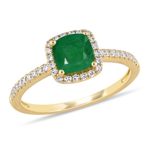 GEM AND HARMONY  7/8 Carat (Ctw) Cushion-Cut Emerald Halo Ring In 14K Gold With Diamonds In Yellow