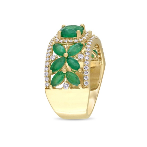 2.54 Carat Emerald Flower Band Ring in 14K Yellow Gold with Diamonds 1/2 Carat (ctw)