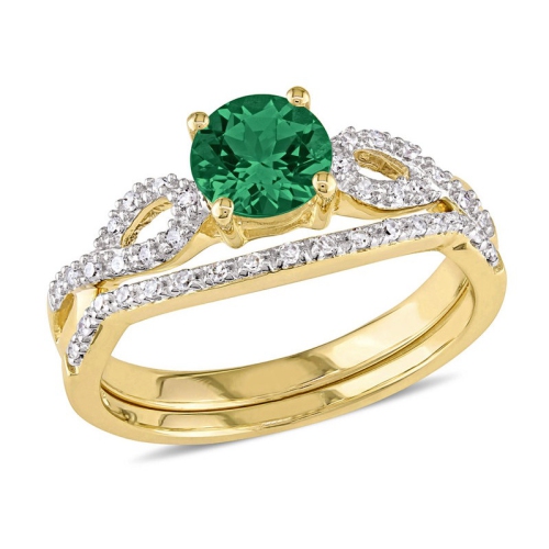 GEM AND HARMONY  4/5 Carat (Ctw) Lab-Created Emerald Bridal Wedding Ring Set In 10K Gold With Diamonds In Yellow